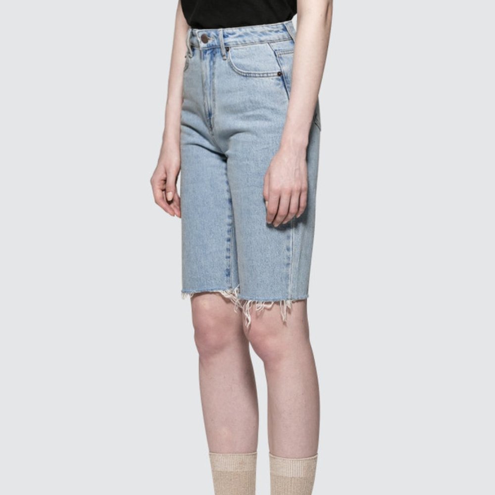 MISCHIEF Cut off Long Jean Shorts Knee Length Pants SSENSE